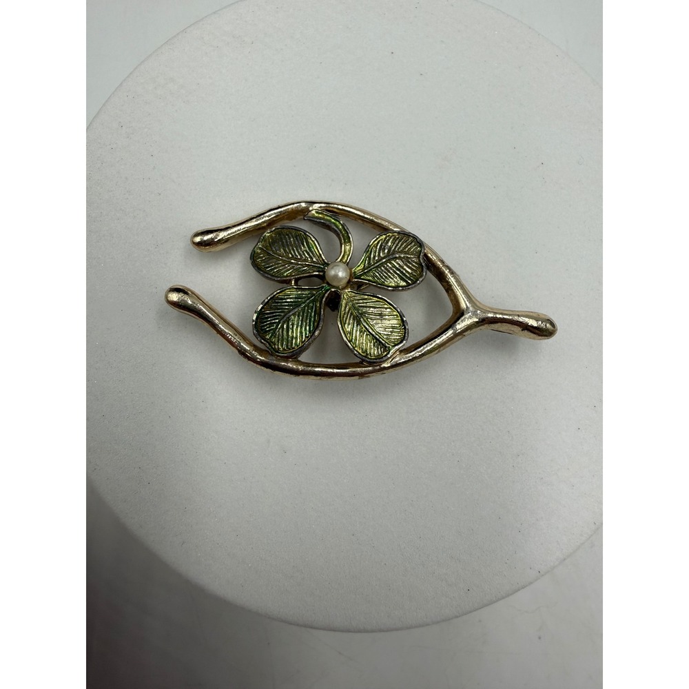 Vtg Gerrys Wishbone Four Leaf Clover Brooch Green Enamel Faux Pearl Gold Tone